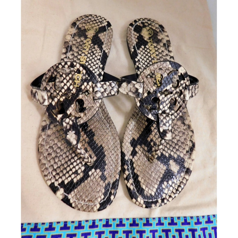 Tory Burch Miller Beige Black Python Embossed Leather Thong Flats sz 7.5 M